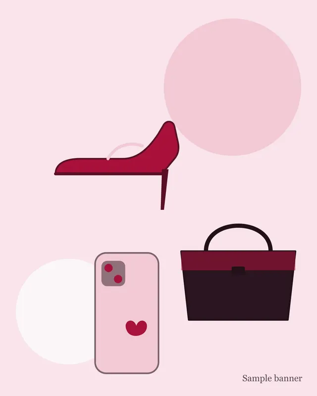 Sample banner: cherry heels, a shoulder bag and a phone case