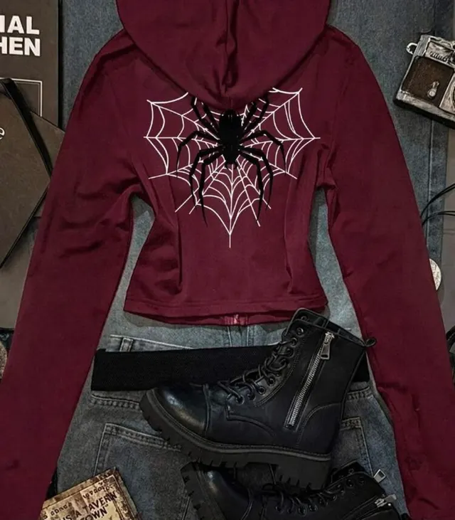 Wine Spider Web Zip Hoodie