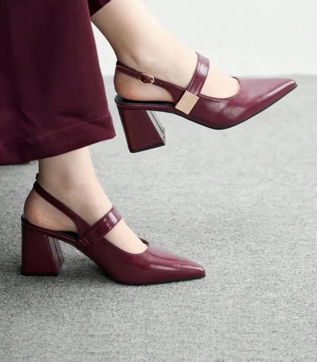 Burgundy Pointed Block-Heel Slingbacks