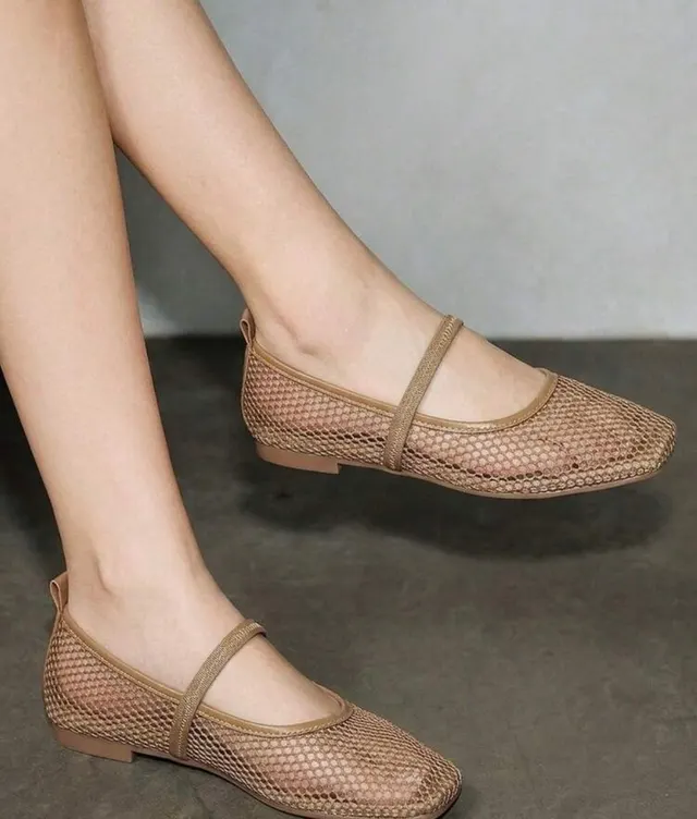Camel Mesh Mary Jane Flats