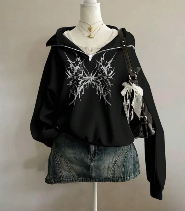 Black Silver Wings Half-Zip
