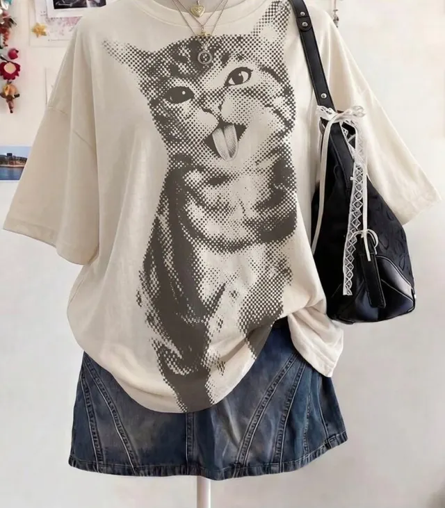 Kitten Print Oversized Tee