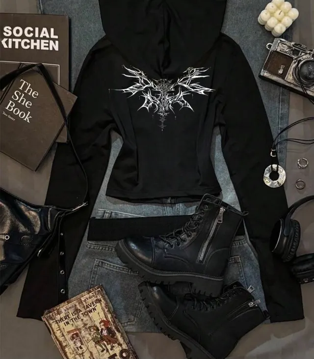 Black Gothic Wings Zip Hoodie