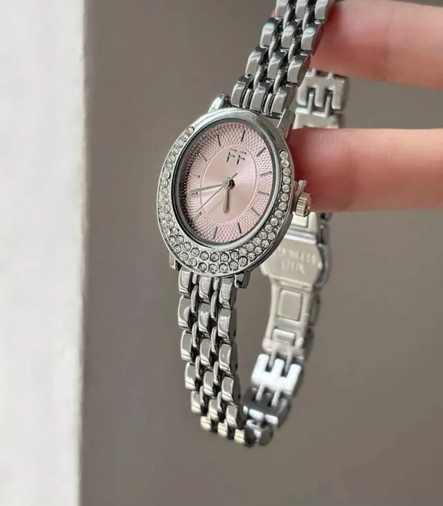Silver Crystal Watch with Pink Dial