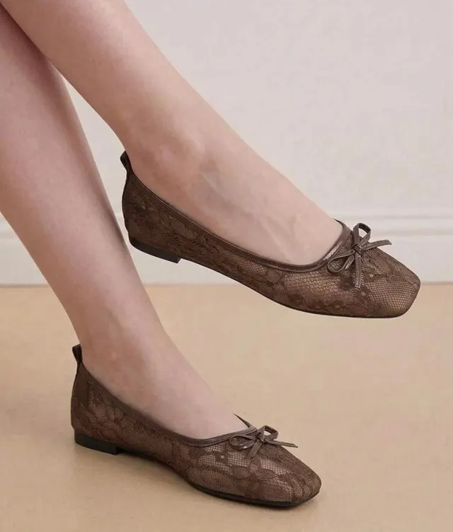Mocha Lace Bow Ballet Flats