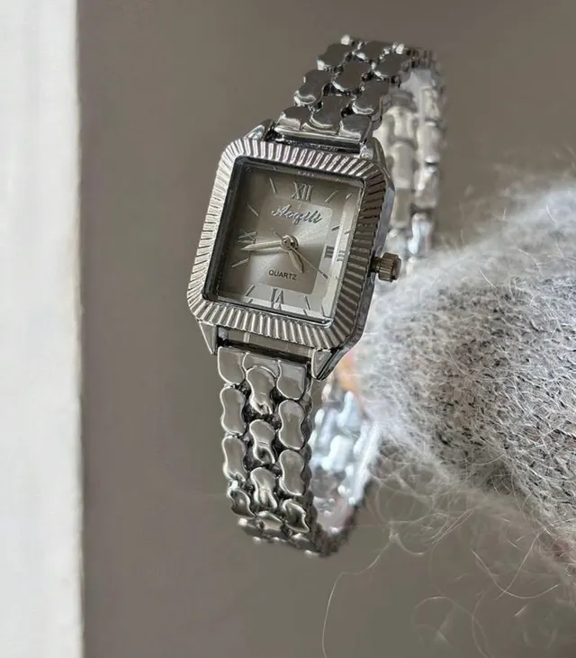 Silver Fluted Square Watch