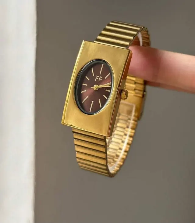 Gold Rectangle Watch with Brown Dial