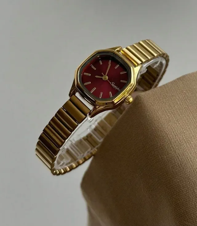 Gold Octagon Watch with Ruby Dial