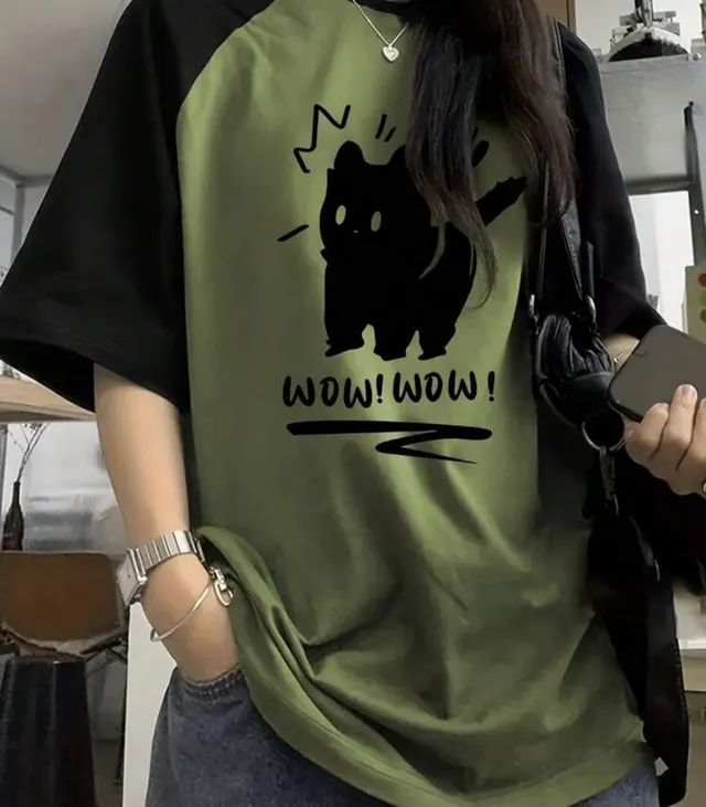 Olive Wow Wow Cat Raglan Tee