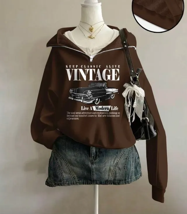 Brown Vintage Car Half-Zip