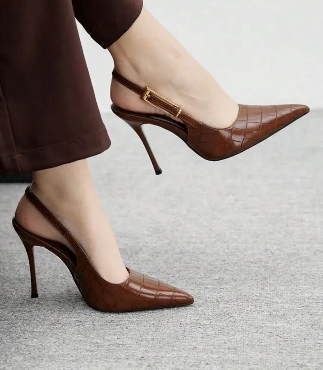 Cognac Croc-Effect Stiletto Slingbacks