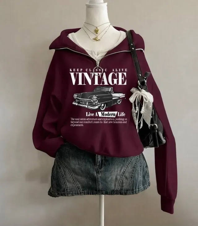 Wine Vintage Car Half-Zip