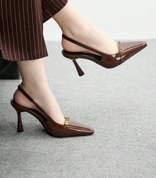 Chocolate Patent Kitten-Heel Slingbacks