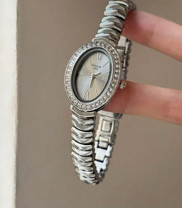 Silver Crystal Oval Watch