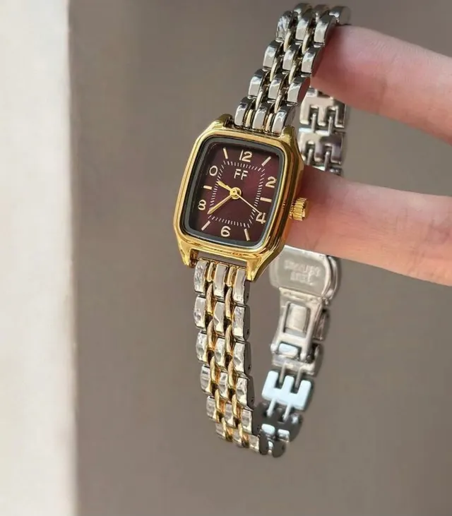 Two-Tone Square Watch with Wine Dial
