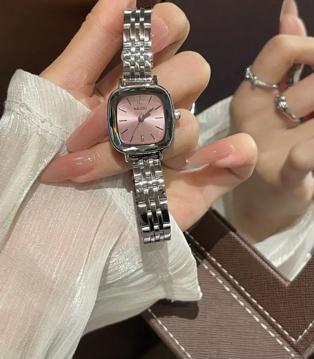 Silver Square Watch with Pink Dial