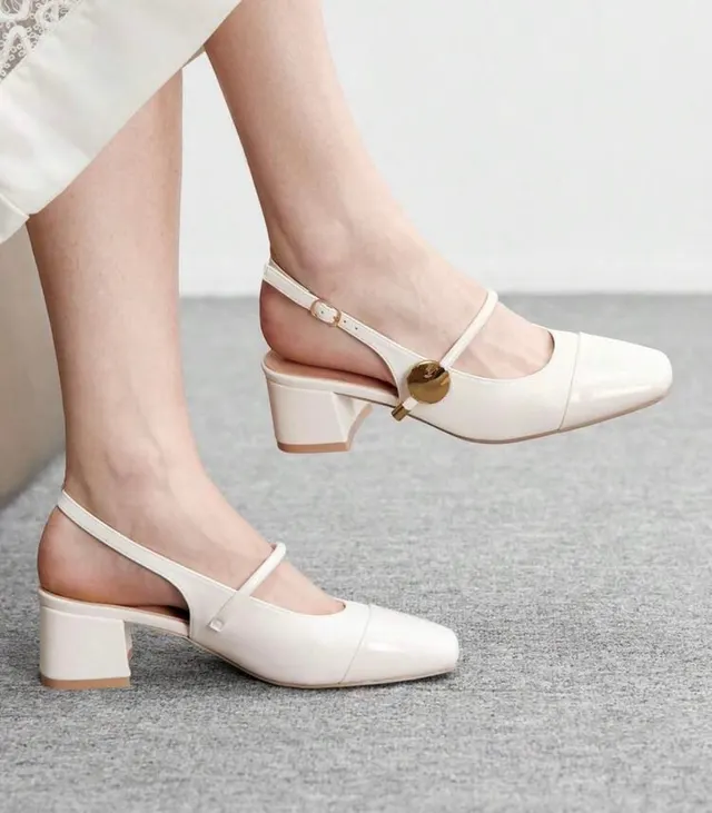 Ivory Cap-Toe Block-Heel Slingbacks
