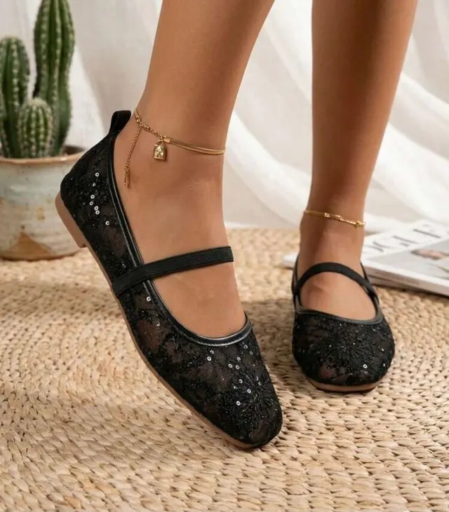 Black Sequin Mesh Mary Jane Flats
