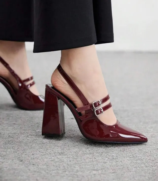 Wine Patent Double-Strap Block Heels