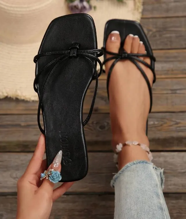 Black Knotted Strappy Slides