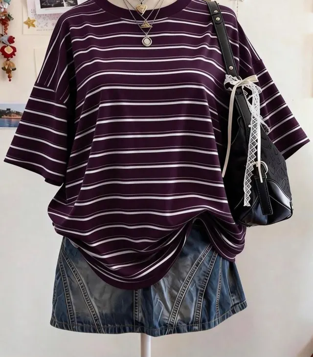 Plum Striped Oversized Tee